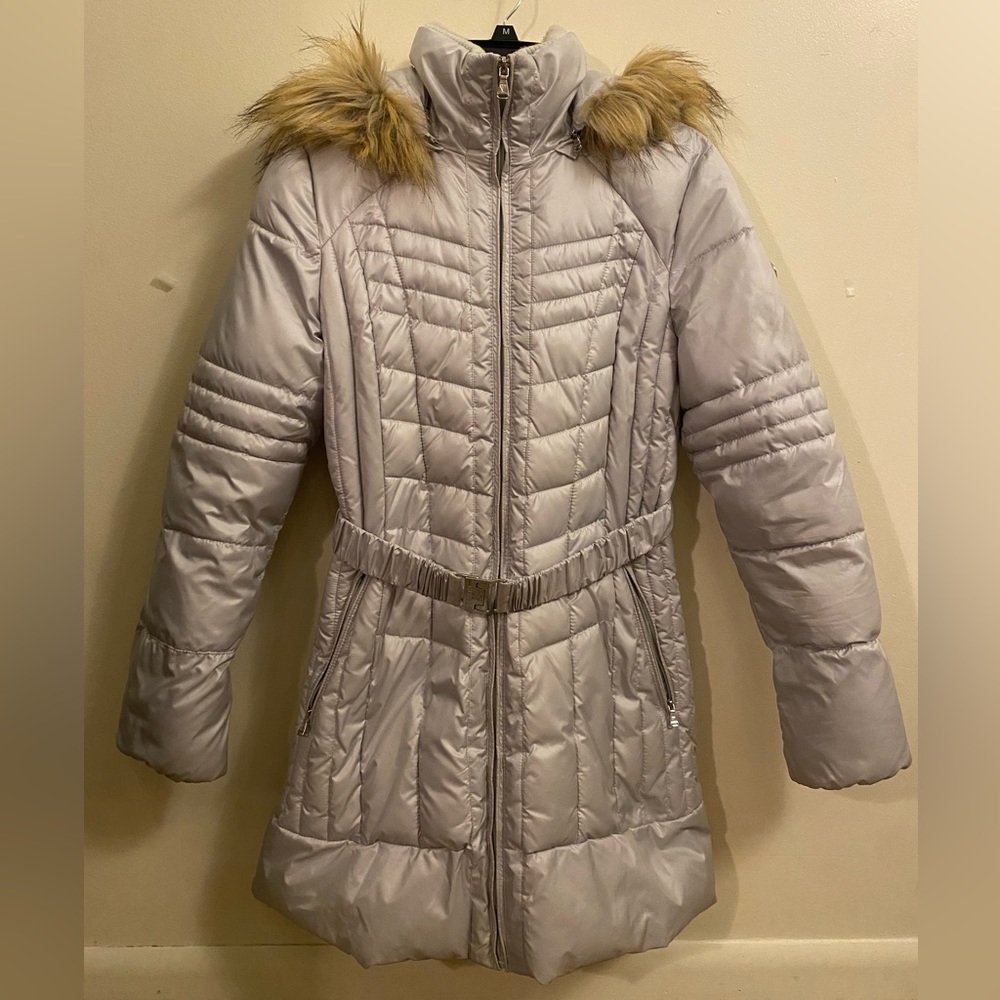 GUESS Silver Women’s Medium Puffer Jacket Fur Hooded